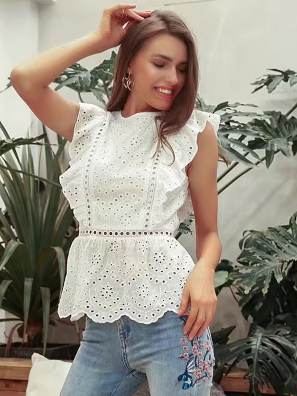 Simplee White Eyelet Ruffle Peplum Blouse
